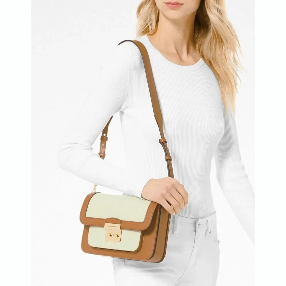 New! MICHAEL KORS Sloan Editor Leather Canvas Crossbody Bag NWT Natural/Acorn